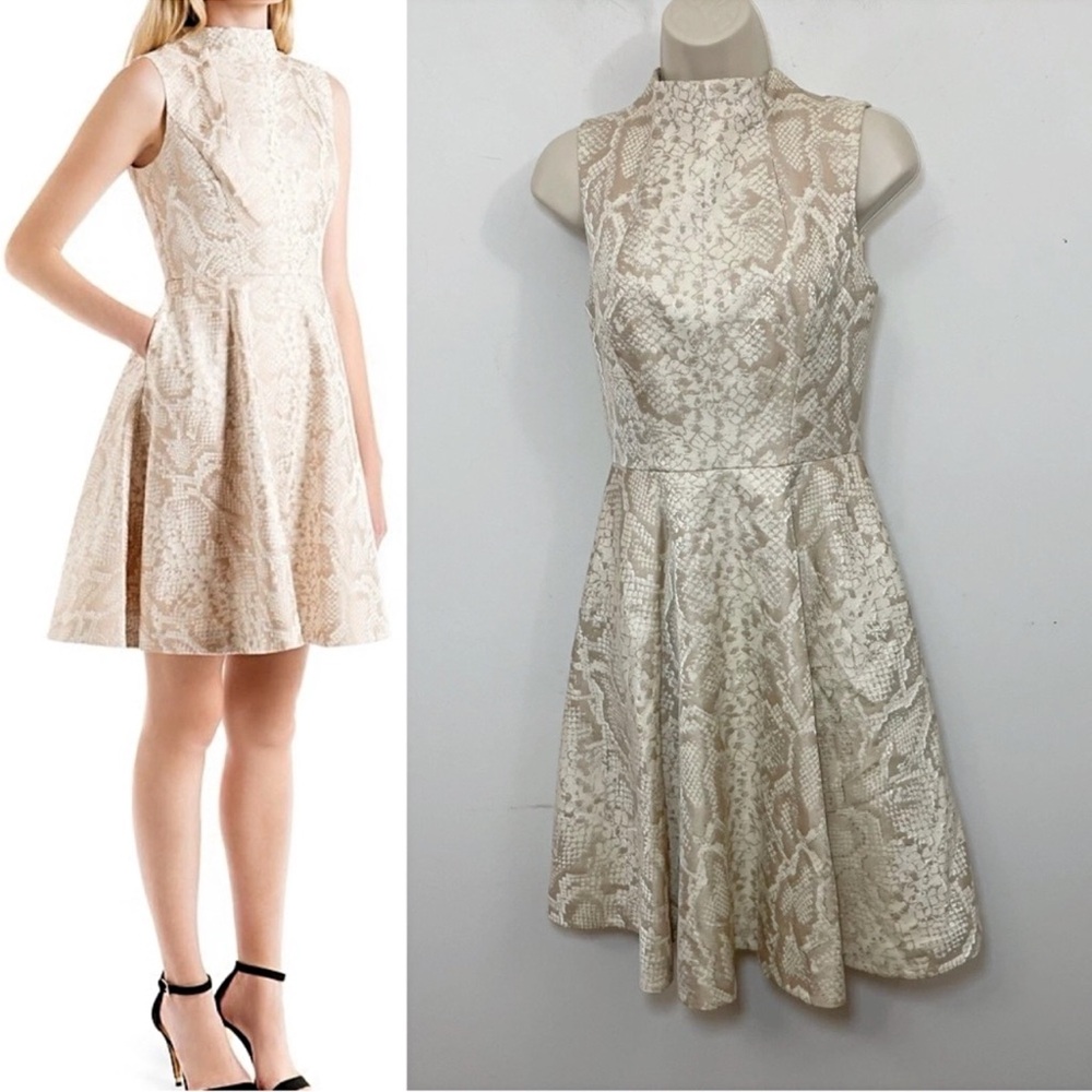 TED BAKER Azraa Snake Jacquard Dress 0 Cream Gold Fit Flare Wedding Cocktail